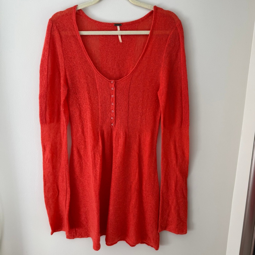 Free People Orange Red Merino Angora Knit Button Front Tunic Top Large‎